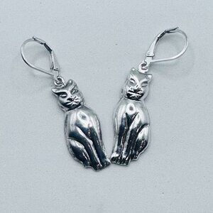 Vintage Sterling Silver Cat Dangle Drop Earrings Marked NF and Stamped 925